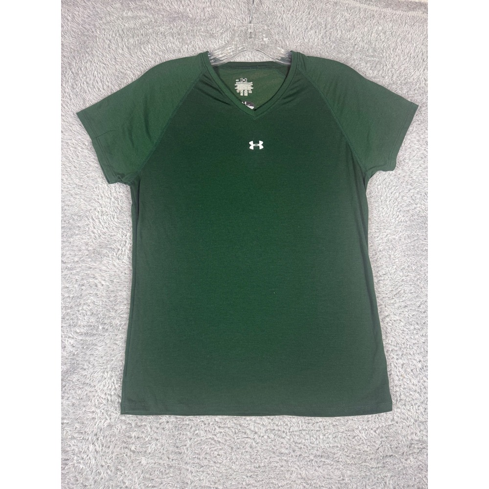 Under Armour T-Shirt Women Small Green Good V-Neck Raglan HeatGear Active Top